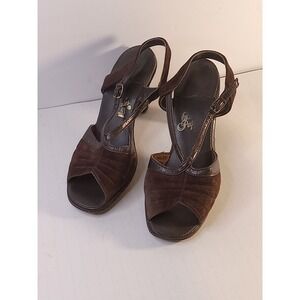 70s Vintage Hush Puppies Brown Suede Leather Peep Toe  Heels Size 7 .5‎ Heel 3"